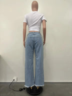 Mandotos burnt flower high waist women's jeans, trendy casual denim trousers for spring and summer, featuring floral print and relaxed fit.