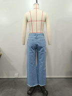 Mandotos burnt flower high waist women's jeans, casual denim trousers with floral print, perfect for spring and summer wear.