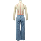Mandotos burnt flower high waist women's jeans, trendy casual denim trousers for spring and summer wear.