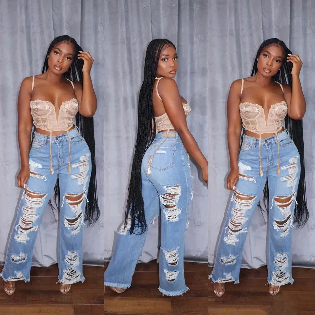 Mandotos women's high-waist slim-fit denim jeans with splice detail, button pockets, and straight-leg style for summer 2024.