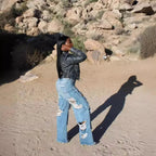 Mandotos women’s long slim-fit denim jeans with high waist, splice design, button pockets, and straight-leg style for summer 2024.