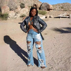 Mandotos women's high-waist slim-fit denim jeans with splice design, button pockets, and straight leg style for summer 2024.