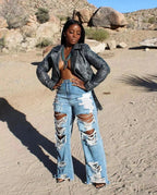 Mandotos women's long denim jeans with high waist, slim fit, button pockets, and stylish splice design for summer 2024.