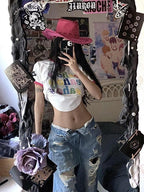 Plus size ripped denim wide-leg pants for women, high waist, straight-leg style, summer retro, by MANDOTOS.