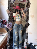Plus size American high street wide leg ripped denim women's summer retro high waist straight-leg loose mop pants by MANDOTOS.