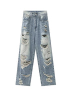 Plus size American Hole high waist straight-leg denim pants for women by MANDOTOS, showcasing stylish denim with distressed details.
