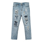 Mandotos women's summer oversized ripped cropped jeans with big distressed details, trendy K-style design, perfect for casual wear.