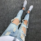 Mandotos women's summer oversized ripped cropped jeans with big distressed design, trendy K-style and beggar scrape details.