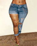 Mandotos women's denim pencil pants with big holes, chain detail, slim fit, pockets, and slight stretch in solid color.