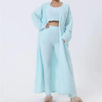 Women's cozy 3-piece lounge set from MANDOTOS featuring a pajama top, bottoms, and a matching cardigan for comfortable relaxation.