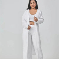 Women's cozy 3-piece lounge set with pajama top, matching pants, and cardigan by MANDOTOS, perfect for relaxing at home.