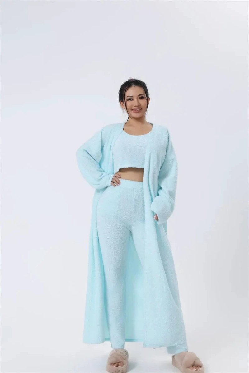 Women's 3-piece cozy lounge set by MANDOTOS with pajama top, bottoms, and matching cardigan, soft and comfortable for relaxing.