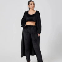 Women's 3-piece cozy lounge set from MANDOTOS, featuring a comfortable pajama top, bottoms, and a matching cardigan.