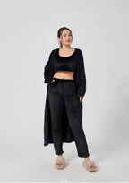 Women's 3-piece cozy lounge set from MANDOTOS, featuring a comfortable pajama top, bottoms, and a matching cardigan.