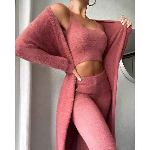 Women's 3-piece cozy lounge set by MANDOTOS, featuring a pajama top, bottoms, and a matching cardigan for comfortable relaxation.