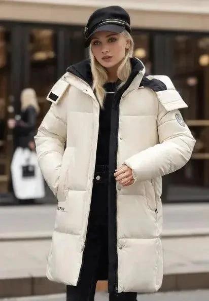Women's thickened cotton padded winter coat by MANDOTOS, showing a cozy, insulated design with a high collar and front zipper.