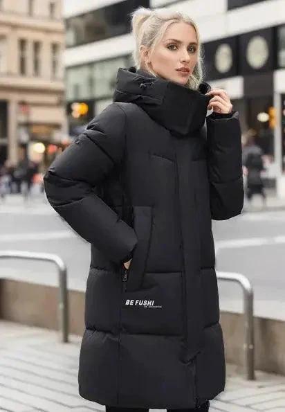 Women's thickened cotton padded winter coat by MANDOTOS, showing a warm, insulated outerwear with a hood and quilted design.