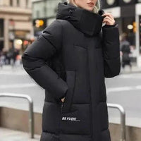 Women's thickened cotton padded winter coat by MANDOTOS, showcasing a warm, insulated coat with a high collar and cozy design.
