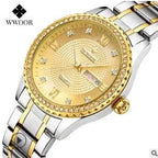 Mandotos WWOOR Elegance gold diamond quartz watch with a sleek design and sparkling accents on the dial.