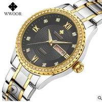 Mandotos WWOOR Elegance gold diamond quartz watch with sleek design and sparkling accents on a white background.