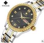 Mandotos WWOOR Elegance gold diamond quartz watch with sleek design and sparkling accents on a white background.