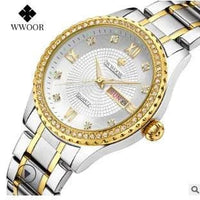 Mandotos WWOOR Elegance gold diamond quartz watch with a sleek design and sparkling accents on the dial.