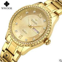 Mandotos WWOOR Elegance gold diamond quartz watch with a sleek design and sparkling diamond accents on the dial.