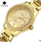 Mandotos WWOOR Elegance gold diamond quartz watch with a sleek design and sparkling diamond accents on the dial.