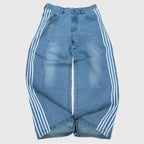 Mandotos Y2K Baggy Jeans with striped embroidery, vintage style, wide-leg fit, casual streetwear for men and women.