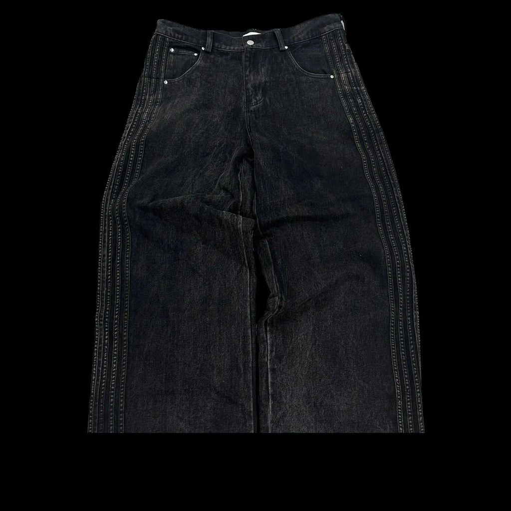 Mandotos Y2K baggy jeans with vintage striped embroidery, wide-leg streetwear sweatpants for men and women, casual hip hop style.