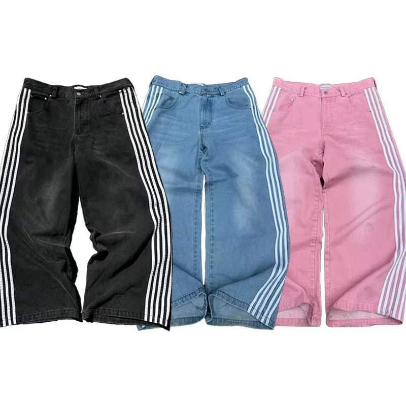 Mandotos Y2K baggy jeans with embroidered stripes, wide-leg denim sweatpants, streetwear style for men and women.