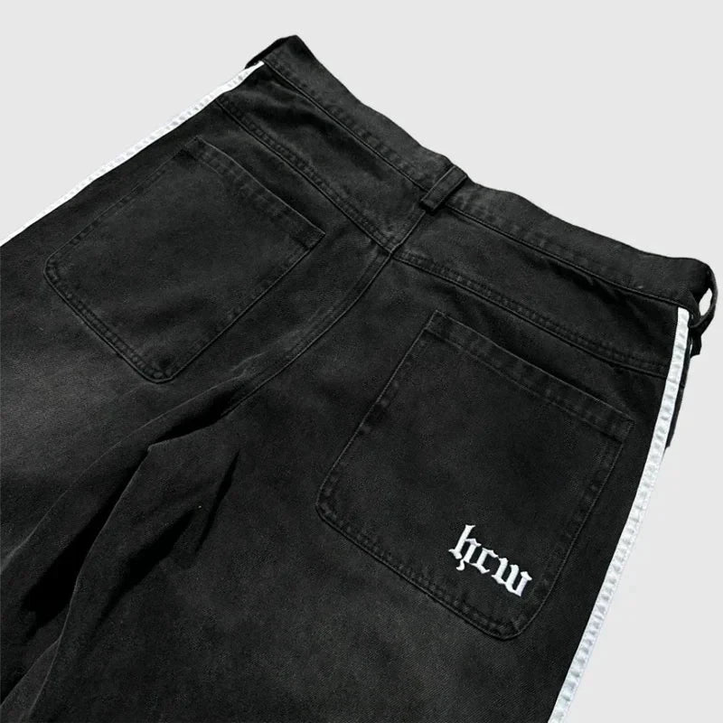 Mandotos Y2K baggy jeans with embroidered stripes, wide-leg denim, suitable for men and women, streetwear, casual, hip-hop style.