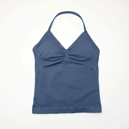 NCLAGEN Impact longline strappy yoga vest for women, open back gym tank top, suitable for running and workout activities.
